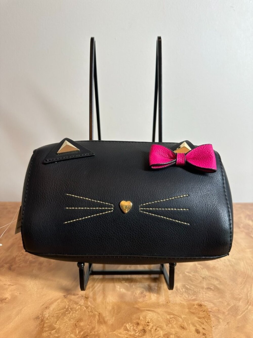 NWT Betsey Johnson Black Cat Faux Leather Cosmetic Travel Bag Pink Bow